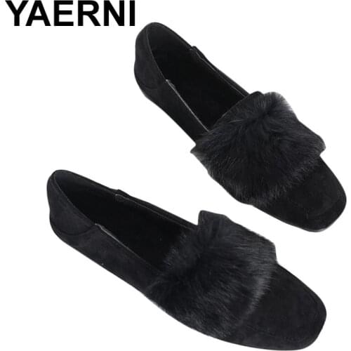 YAERNI Flats rabbit fur loafers winter shoes plush warm suede slip slip plus casual shoes square E1249