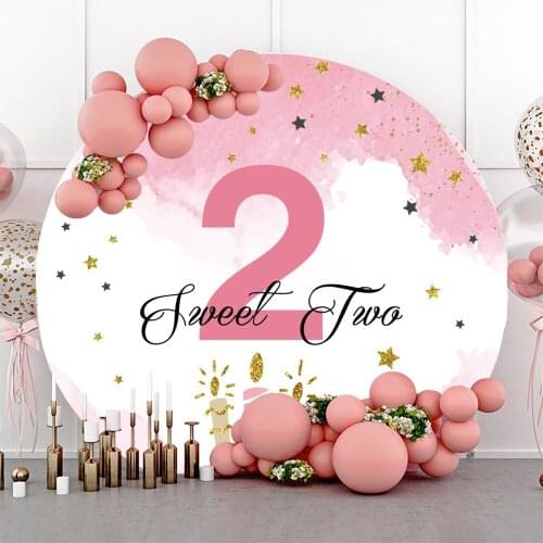 Laeacco Sweet 2nd Birthday Party Circle Backdrop For Photography Colorful Stars Gold Candle Custom Round Background Photography