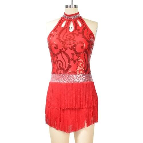MiDee Sleeveless Mock Neck Floral Sequins 2 Tires Fringes Latin Dance Dress Jazz Costume
