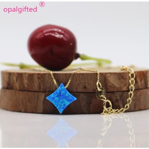 MOQ=1PC 9mm OP05 dark blue Opal four-pointed star shape Pendant Necklace 925 Sterling gold Box Chain Synthetic Opal Necklace