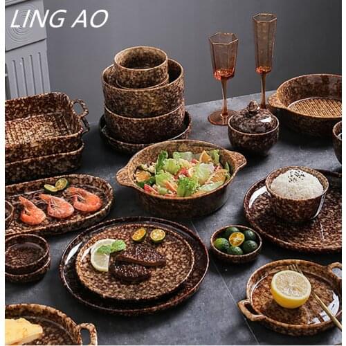 LingAo Japanese ceramic creative bowl, roast, soup, steak plate tableware set