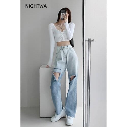 NIGHTWA 2021 New High Waist Ripped Jeans Womens hip hop Loose Gradient blue Jeans S-5XL Women Pants Vintage Streetwear