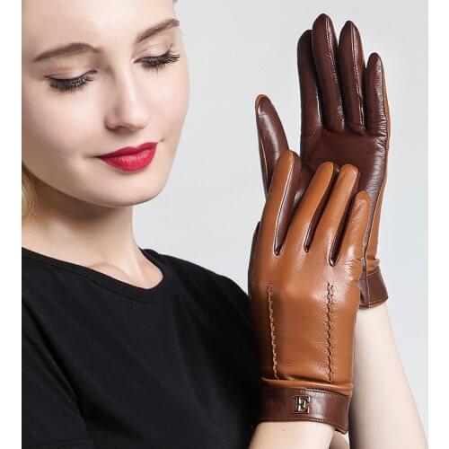 NEW 2020 Genuine Leather Women Gloves Female Elegant Two Tones Sheepskin Gloves Autumn Winter Warm Plush Lined 3326