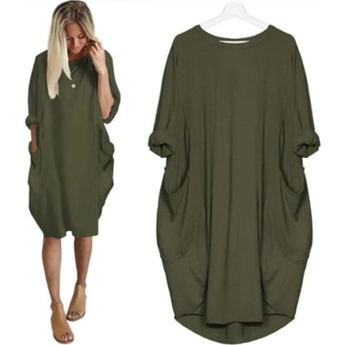 Oversize Loose Dress Ladies Round Neck Mini Dresses New Pocket Spring Autumn Dress Loose 5XL Pure Color Casual Plus Size Clothes