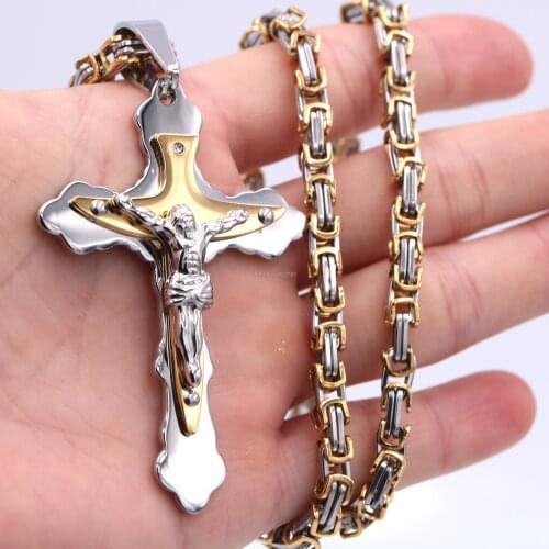 Stainless Steel Never Fade Cross Frame Jesus Pendant Charm with Byzantine Necklace