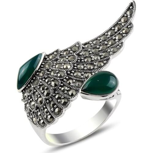 Silver 925 Sterling Green Agate & Marcasite Ring