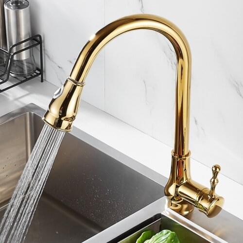 High Quality Gold Kitchen Faucet Cold and Hot Kitchen Mixer Pull Out 60 Cm Two Function Deck Mounted Tap