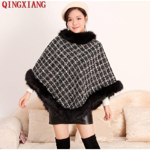 2020 Autumn Spring Faux Fox Fur Cloak Women Triangle Tassel Sweaters O Neck Fur Poncho Fashion Plaid Cape Loose Pullovers