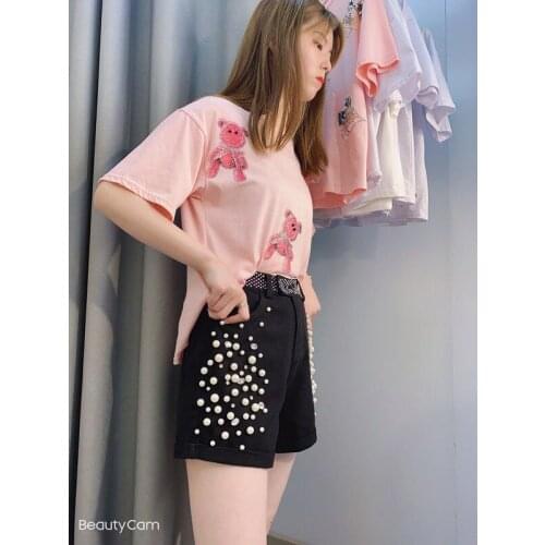 2021 New pearls beading diamonds denim shorts women high waist white short femme cotton A-line black wide leg jeans summer