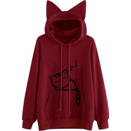 Womens Cat Printing Hoodies Long Sleeve Casual Sweatshirt Hooded Drawsting Autumn Autumn Winter Pullover Tops Sudaderas De Mujer