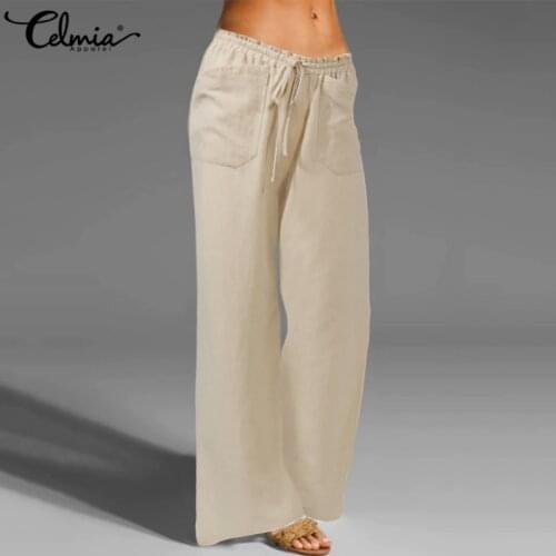 Celmia Women Vintage Linen Trousers Long Palazzo 2021 Fashion Wide Leg Pants Casual Elastic Waist Solid Loose Pantalon Oversized