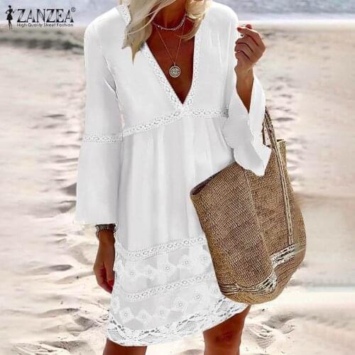 ZANZEA Summer Women Bohemian Lace Crochet Dress Female V Neck 3/4 Flare Sleeve Beach Sundress Patchwork Party Vestidos Oversized