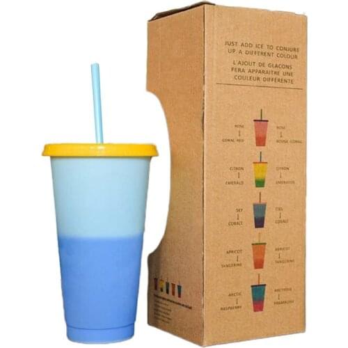 1pcs Reusable Plastic Water Bottle Temperature Color Changing Cold Cup 710ml Magic Tumbler Juice Coffee With Straws And Lid Set