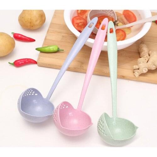 Natural Wheat Straw Long Handle Soup Spoon Heart Shaped Home Strainer Cooking Colander Kitchen Scoop Plastic Ladle Tableware