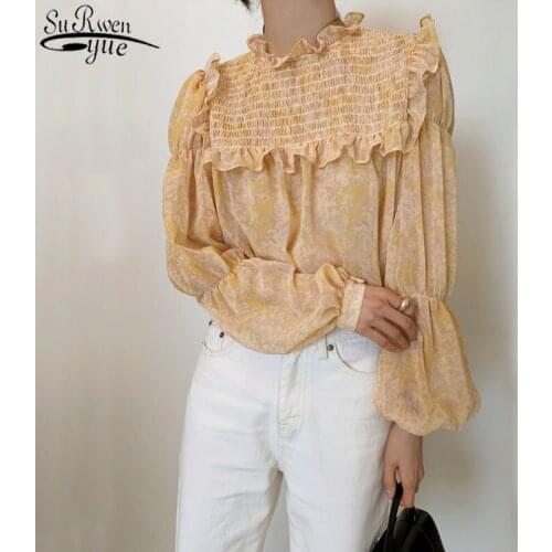 2021 Tops for Women Fashion Korean Long Sleeve Printed Blouse Women Ruffled Puff Sleeve Sweet Shirt Female Ropa Mujer 13477