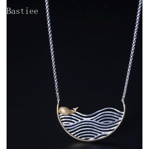 Bastiee Sea Wave Whale Necklace For Women 925 Sterling Silver Jewelry Link Chain Chinese Vintage Pendant Gold Plating