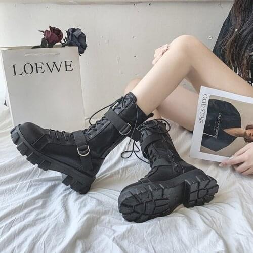 Womens Loafers Casual Fmale Platform Motorcycle Boots Women Lace Up Chunky Heel Boots Women Belt Buckle Designer Shoes Woman