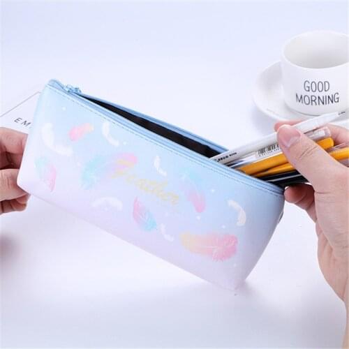 Simple Pu Leather Pencils Bag Girls Large Capacity Feather Pen Bag Cute Pencil Case Creative School Supplies Stationery Storage