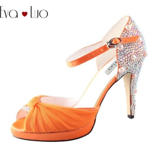 CHS503 Custom Handmade Orange Crystal Dress Sandals Bridal Wedding Shoes Women High Heel Sandals Dress Shoes Big Size DHL