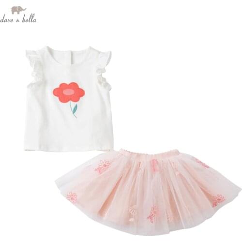 DBM17514 dave bella summer baby girls cute floral embroidery clothing sets kids fashion short sleeve sets children 2 pcs suit
