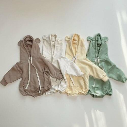 8222 Baby Clothes Hooded Boys Bodysuit Autumn 2021 Pure Color Bear Ear Hooded Girls Bodysuit 0-2T Baby One Piece Clothes Onesie