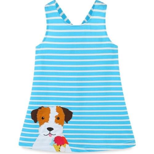 Jumping Meters Summer Party Girls Dresses Dog Applique Cotton Childrens Clothing Sleeveless Stripe Baby Dresses