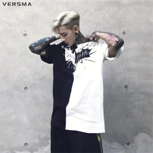 VERSMA Stylish High Street K-pop Bat Printed Patchwork T Shirt Men Women Summer Korean Harajuku Hip Hop BF Couple Unisex T-shirt