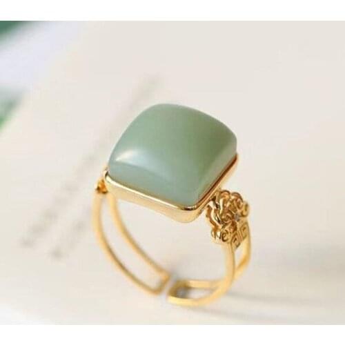 Natural Hetian Jade Gray Jade Ring S925 Sterling Silver Vintage Jade Gemstone Open-End Personality Ring Ring Ornament Female