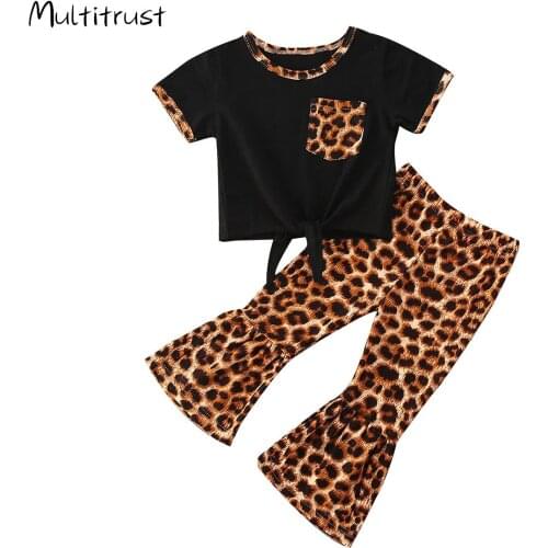 0-6Years Kids Girls Clothing Set Short Sleeve T-shirt Tops + Leopard Printed Flare Pants High Waist Trousers Outfits