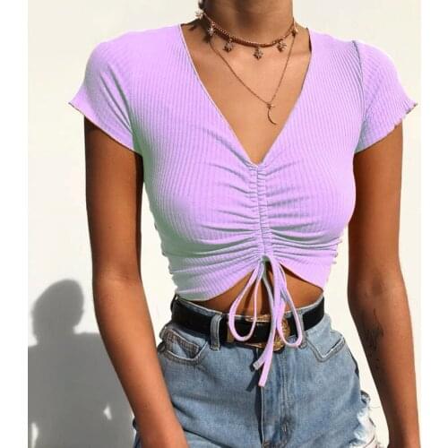 Sexy V Neck Cropped Tank Tops Women Drawstring Tie Up Front Camis Candy Colors Streetwear Slim Fit Ribbed Crop Top 2021