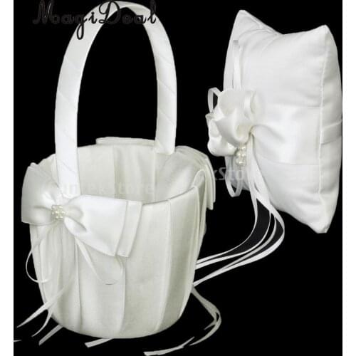 MagiDeal Hot Sale Wedding Ceremony Ivory Satin Crystal Ring Bearer Pillow+Flower Girl Basket Supplies for Engagement Party Favor
