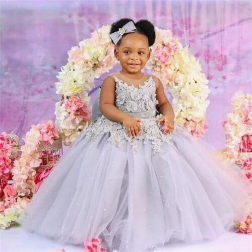 Cute Little Flower Girls Dresses Beading Appliques Sheer Neck Girl Pageant Gowns Kids Formal Ruffles Puffy Dress For Wedding