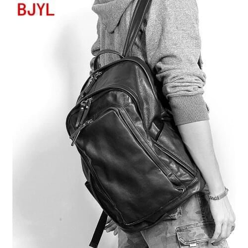 Men Backpack Fashion Genuine Leather Laptop Bag Travel Backpacks Shoulder Bags Male School Backpack Cowhide Leather Simple Solid