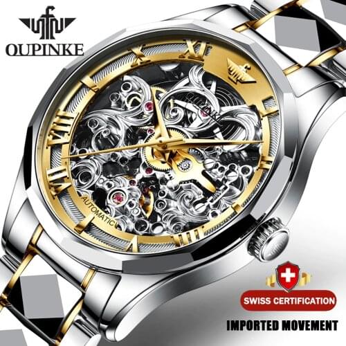 OUPINKE Men Mechanical Watches Luxury Skeleton Automatic Wristwatch Top Brand Stainless Steel Sapphire Glass Mens Watches 3168