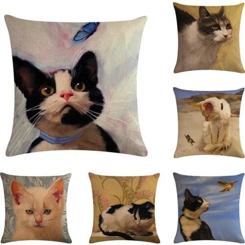 Cat Throw Pillow Cover Home Decor Aniaml Cotton Linen 45x45cm Cushion Cover