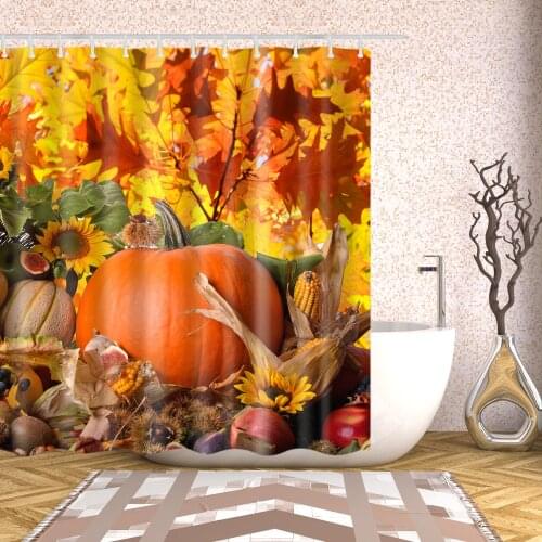 Autumn Leaves Happy Thanksgiving Day Pumpkin Sunflowers 3D Print Pattern Polyester Fabric Bath Curtains