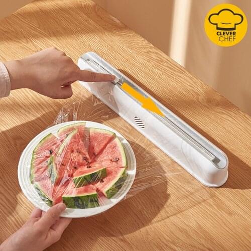 Plastic Food Wrap Dispenser with Slide Cutter Adjustable Cling Film Cutter Preservation Foil Storage Box with Suction Bottom