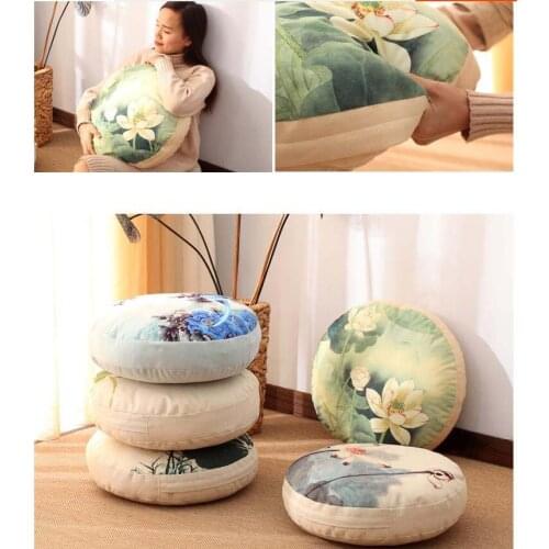 Chinese Style Cotton Linen Lotus Pattern Cushion Tatami Car Round Thickened Lazy People On The Ground Removable Floor FUTON