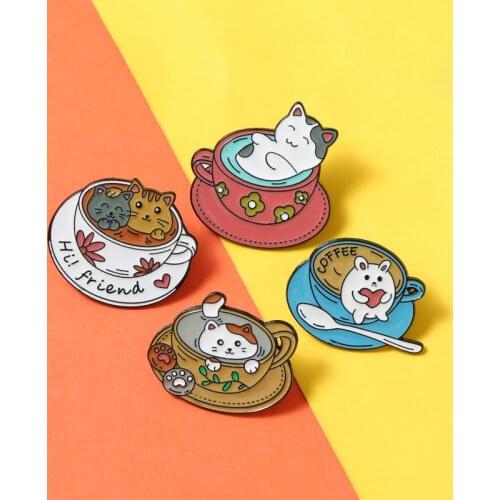 Hi friend！Custom Cute Cats Coffee Enamel Pin Brooch Bag Clothes Lapel Pin Cafe Kitten Badge Animal Jewelry Gift for Kids Friends