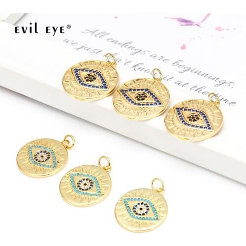 Evil Eye 1pcs Gold Color Copper Micro Pave Blue Zircon Round Pendant for Necklace Handmade Jewelry Making Accessories BE42