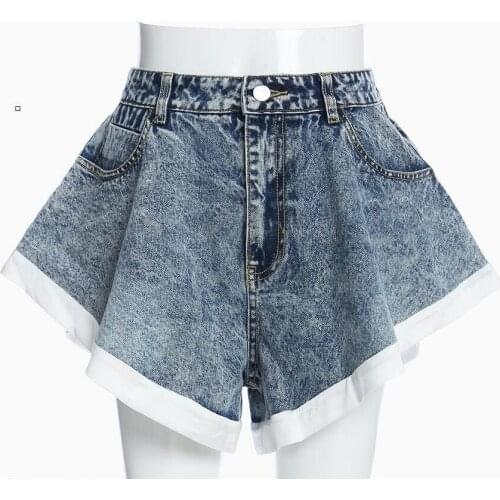 23cm Length Wide Flare High Waist Short Jeans Sexy Women White Patchwork Jean Shorts