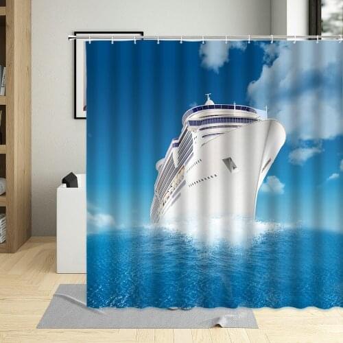 Nautical Steamship Scenery Waterproof Bathroom Shower Curtains Polyester Fabric Multi Size Bath Hanging Curtains With 12 Hooks