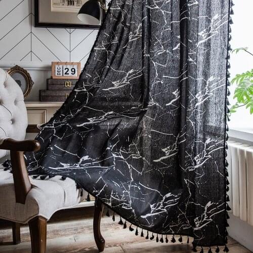 Modern Black Curtain With Tassel Cotton Semi Blackout Finished Curtains For Living Room Blinds French Windows Door Curtain