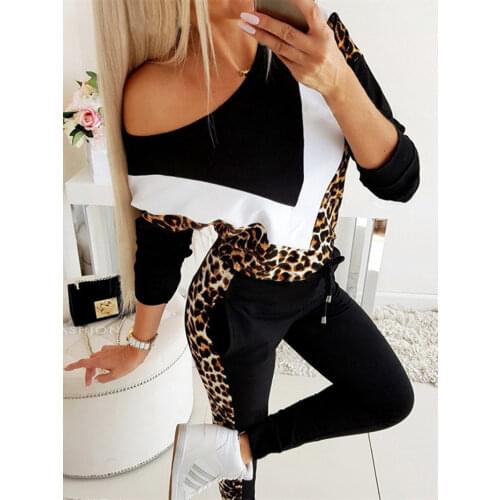 Two piece set women tracksuit autumn clothes leopard printed splicing sweatshirt top and pants jogging sets female sport outfits
