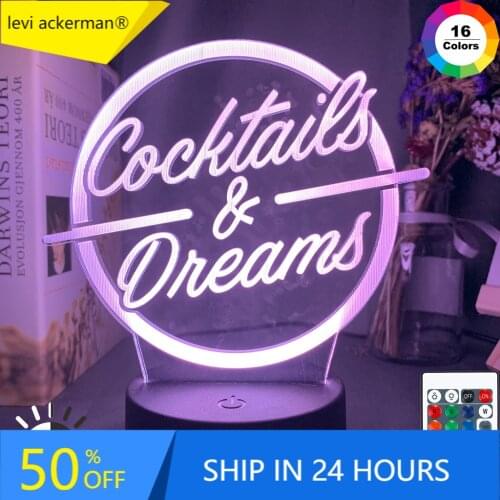 Cocktails & Dreams Led Night Light Sign for Bar Decoration Acrylic Laser Engraving Usb Battery Powered Table Lamp Color Changing