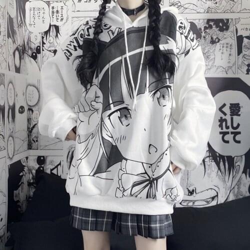 Japanese Anime Hoodie Autumn Clothes Women Sweatshirt Fashion Print Long Sleeve Tops Casual Warm Velvet Plus Size Women Pullover