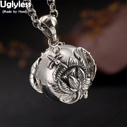 Uglyless Real Solid 925 Sterling Silver Dragonfly Lotus Pendants for Women Creative Openable Ball Necklaces NO Chain Thai Silver