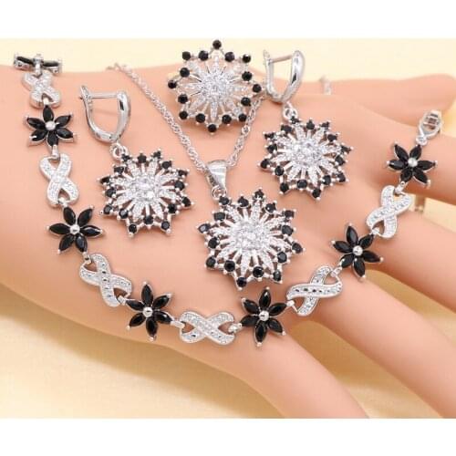 XUTAAYI Silver colorJewelry Sets For Women Black Semi-precious Earrings Bracelet Rings Necklace Pendant Bridal Wedding Jewelry
