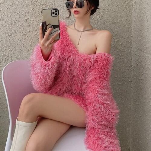 JMPRS Winter Women Fleece Sweater Sexy V Neck Japan Sweet Pink Pullover Jumper Knit Backless Loose Lace Up Fall Black Tops 2021