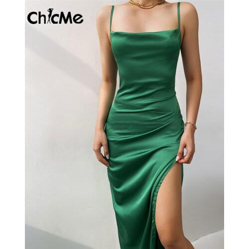 Chicme Ladies Sleeveless Square Neck High Slit Maxi Satin Dress Party Women Spaghetti Strap Sexy Backless Vestidos Elegant
